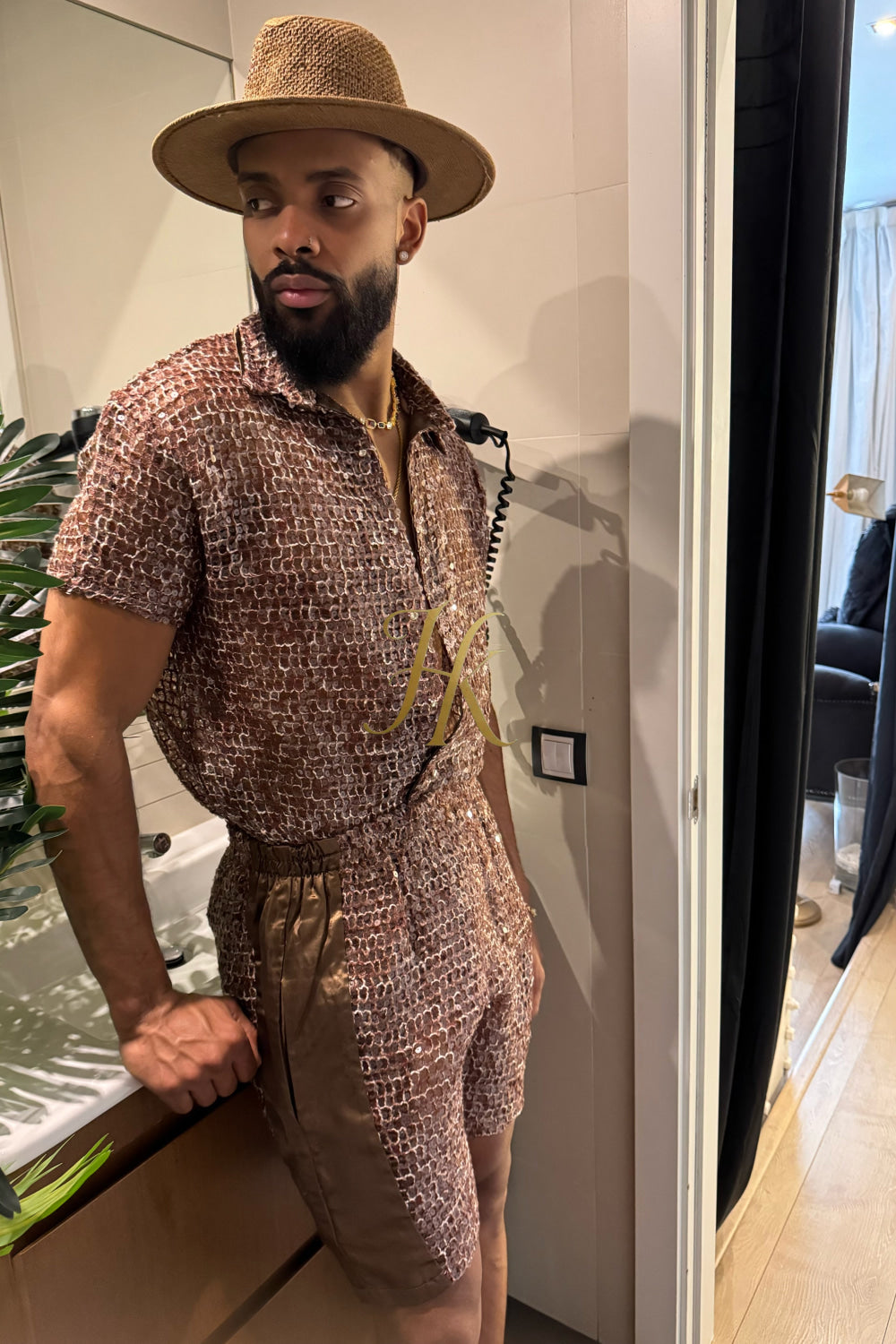 ✨ Velour Nights – Embroidered Mesh Shirt in Champagne Gold - kayibstrore