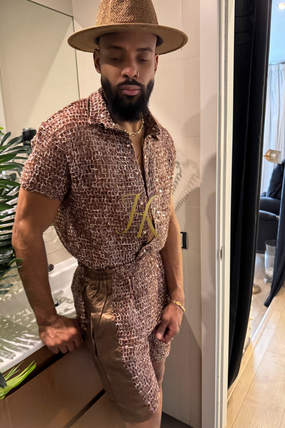 ✨ Velour Nights – Embroidered Mesh Shirt in Champagne Gold - kayibstrore