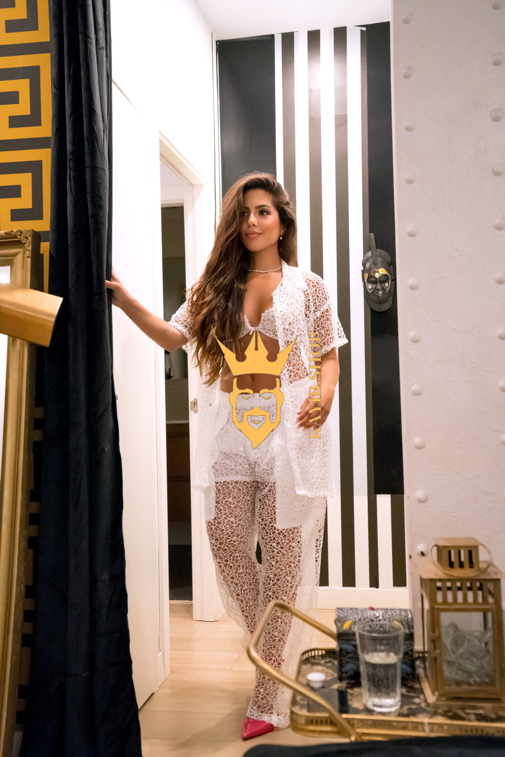 Celestial Lace Elegance Set – Women's Two-Piece (Shirt & Pants) - kayibstrore