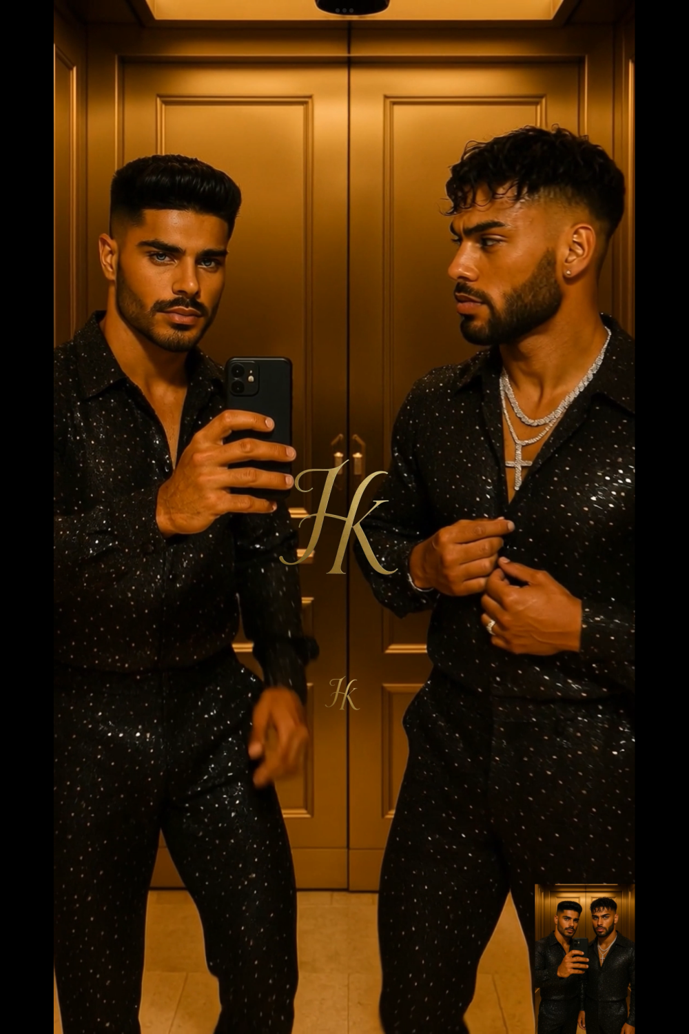 Men’s Premium Glitter Set – Hot Stamped Diamond Net Fabric Shirt & Pants