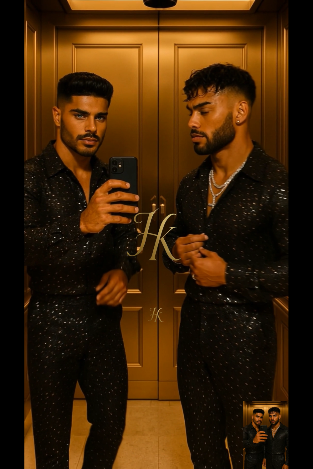 Men’s Premium Glitter Set – Hot Stamped Diamond Net Fabric Shirt & Pants