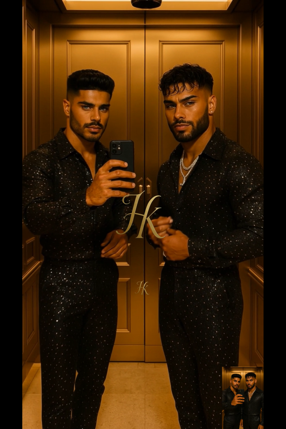 Men’s Premium Glitter Set – Hot Stamped Diamond Net Fabric Shirt & Pants