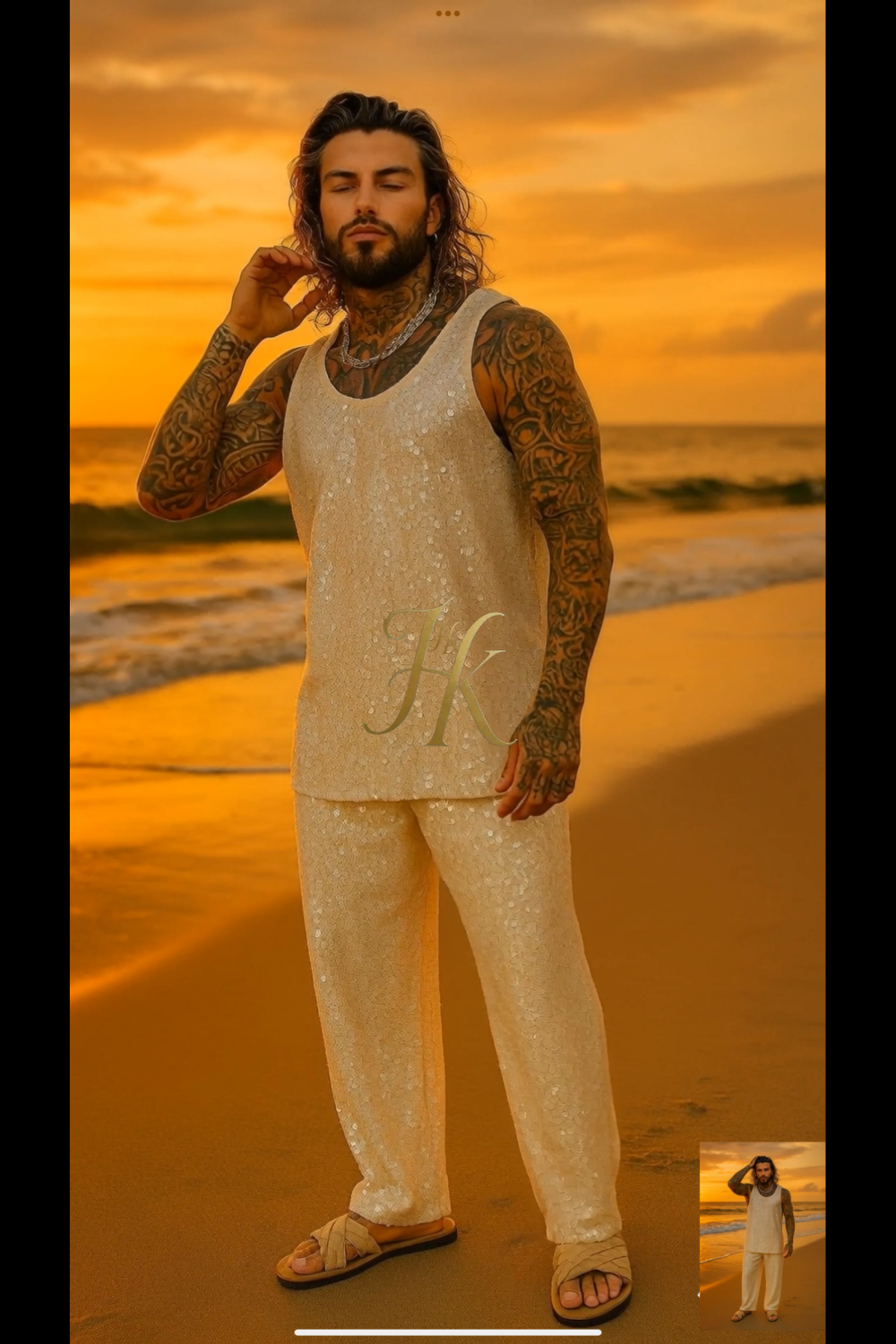 Men’s Luxury Ivory Velvet Set – Stretch Sequin Fabric Tank Top & Pants