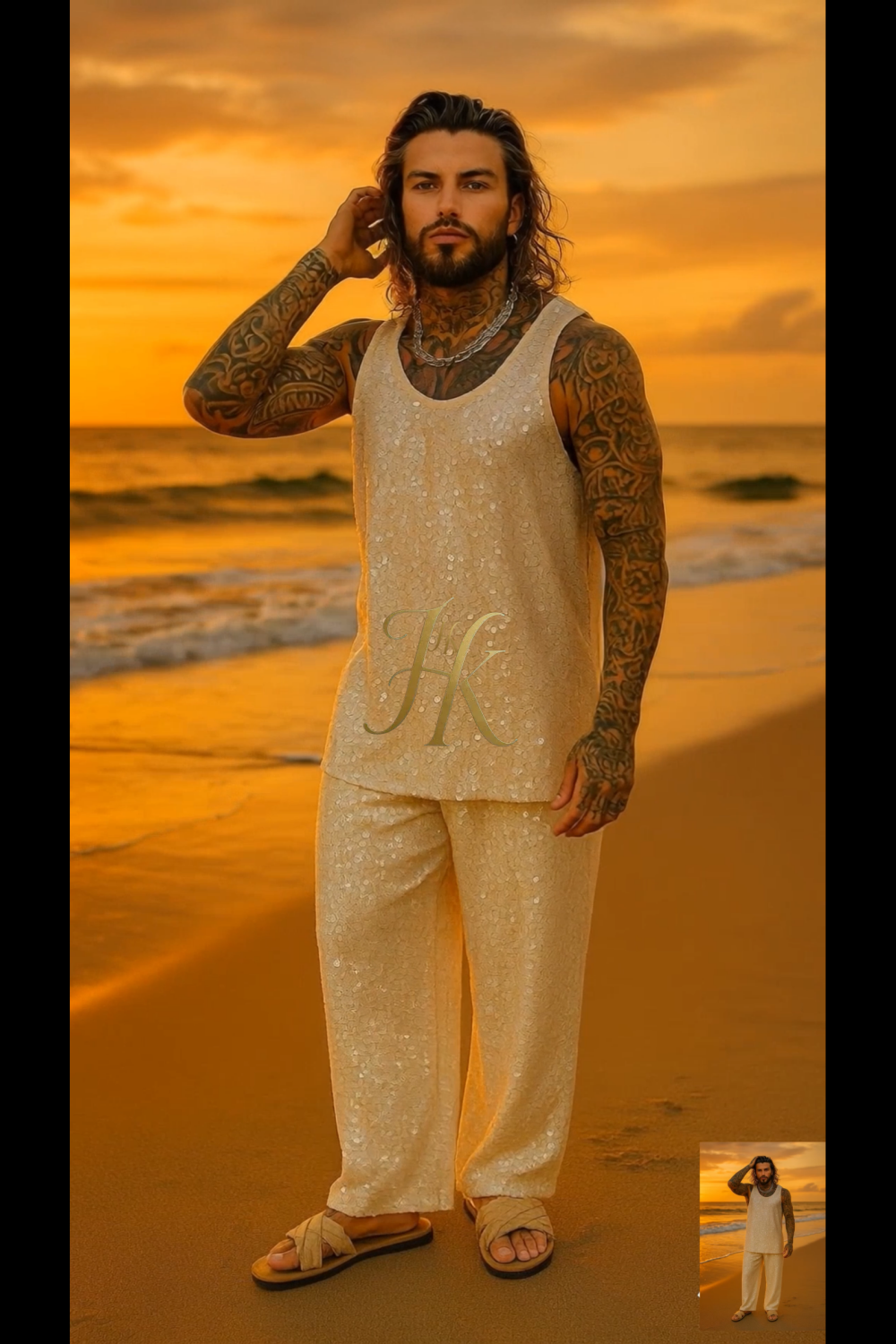 Men’s Luxury Ivory Velvet Set – Stretch Sequin Fabric Tank Top & Pants