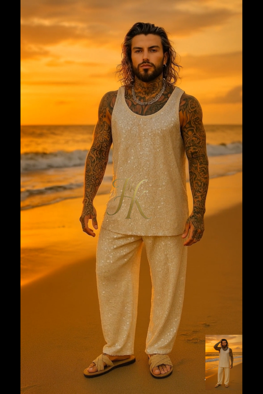 Men’s Luxury Ivory Velvet Set – Stretch Sequin Fabric Tank Top & Pants