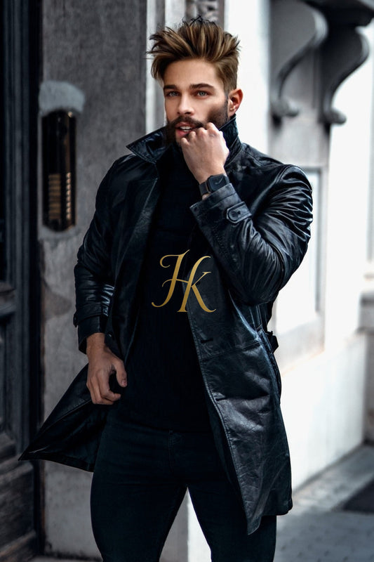Premium Long Knee Leather Windbreaker for Men | British-Style Double-Breasted Coat - kayibstrore
