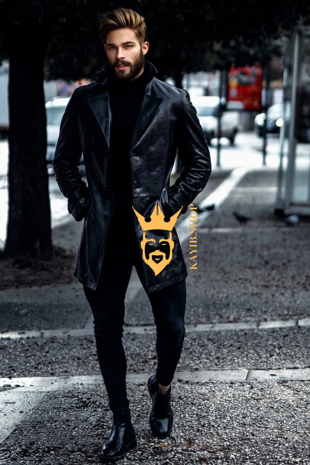 Premium Long Knee Leather Windbreaker for Men | British-Style Double-Breasted Coat - kayibstrore