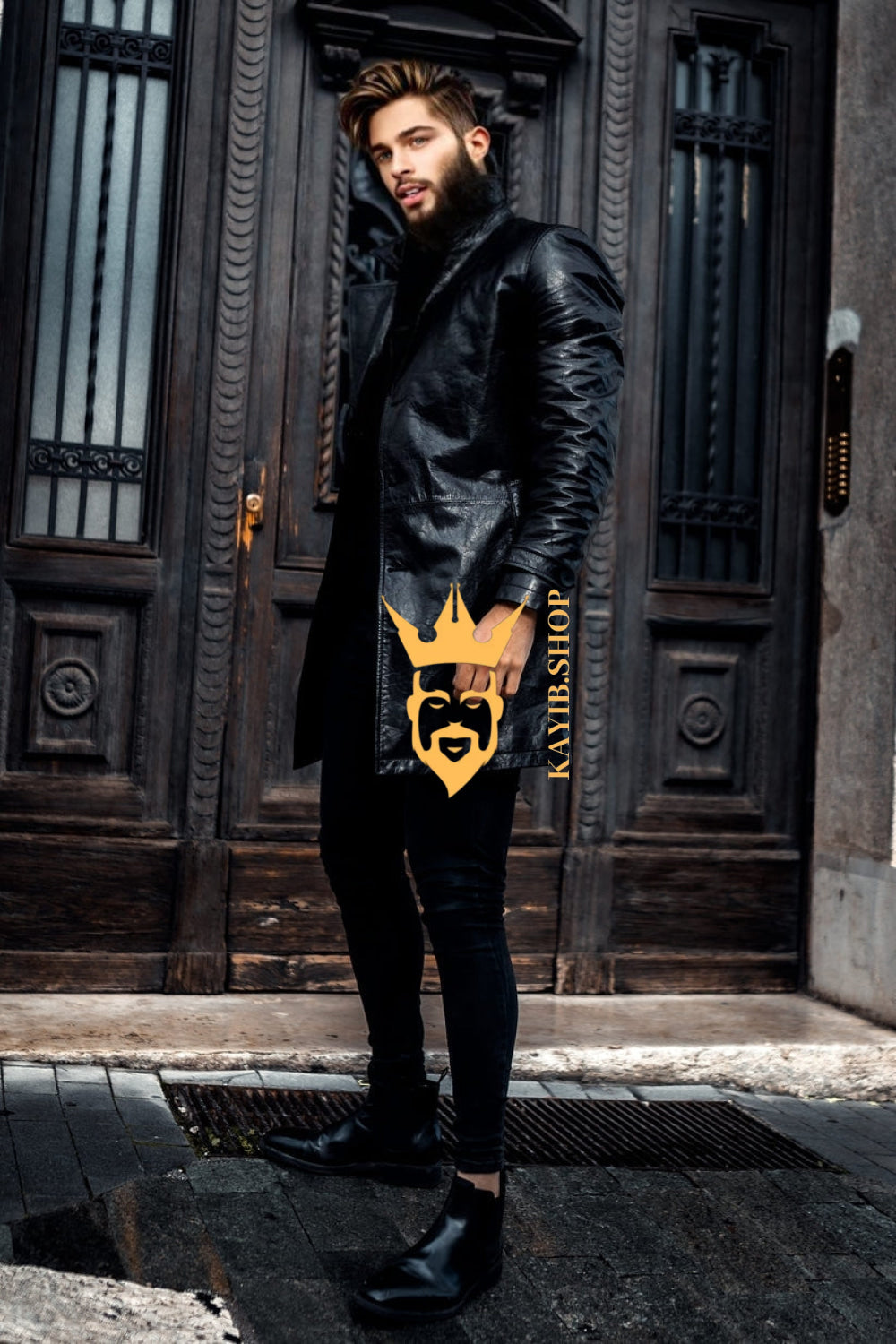 Premium Long Knee Leather Windbreaker for Men | British-Style Double-Breasted Coat - kayibstrore