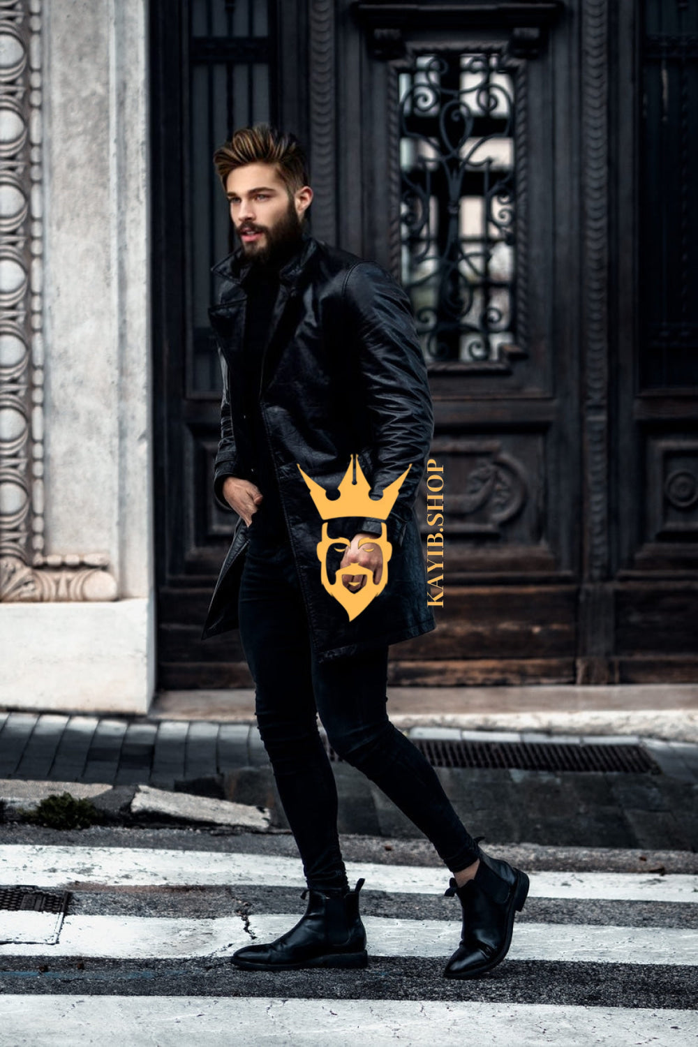 Premium Long Knee Leather Windbreaker for Men | British-Style Double-Breasted Coat - kayibstrore