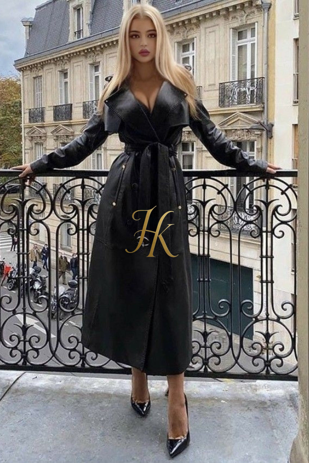 Autumn Elegance: Extra Long Oversized Black Faux Leather Trench Coat for Women - Trendsetting Fashion with Double-Breasted Style, Long Sleeves, and Cinch Belt - kayibstrore