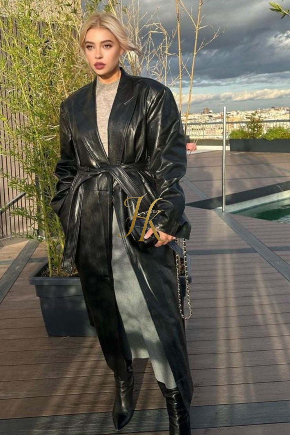 Autumn Elegance: Extra Long Oversized Black Faux Leather Trench Coat for Women - Trendsetting Fashion with Double-Breasted Style, Long Sleeves, and Cinch Belt - kayibstrore