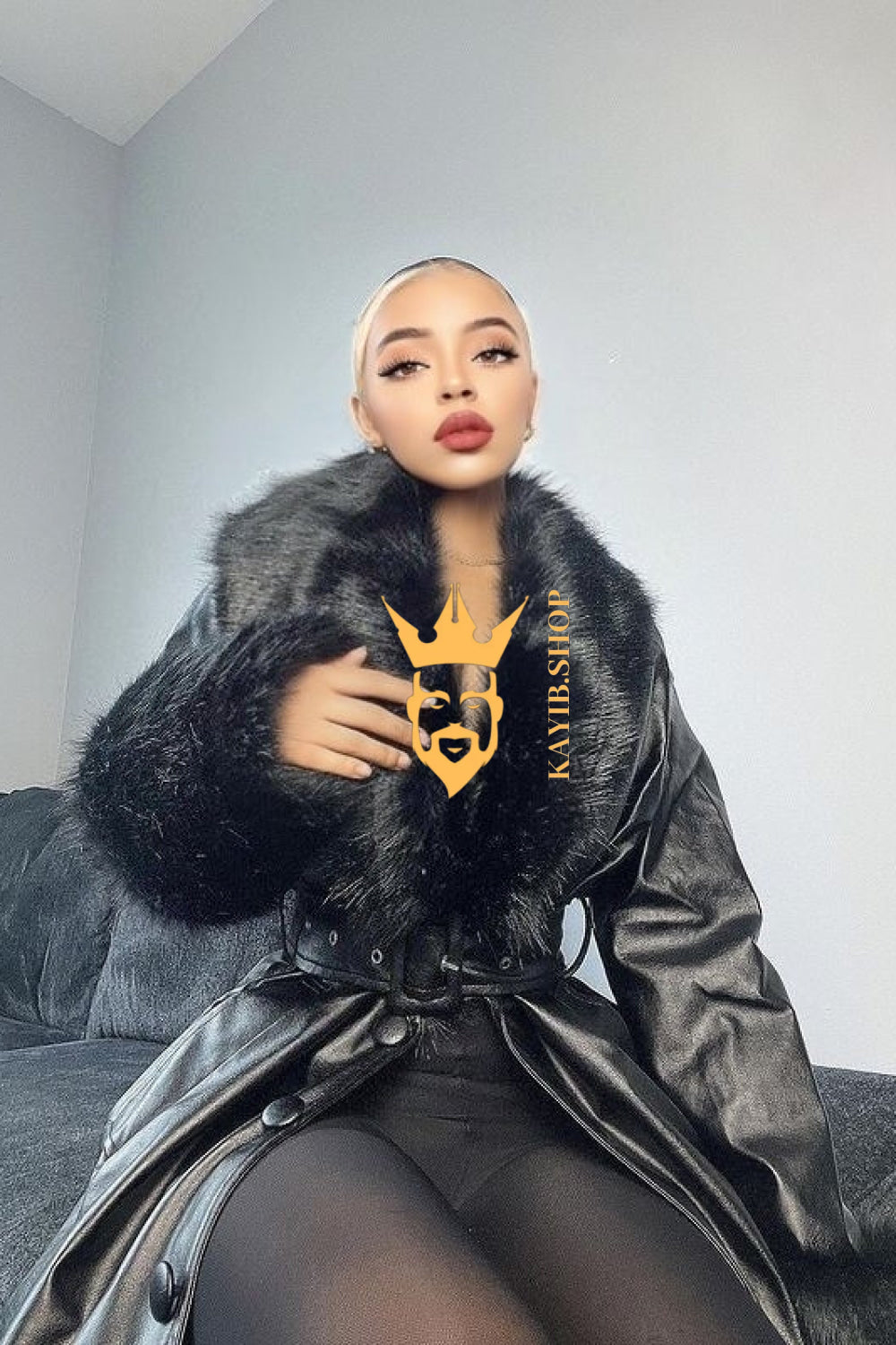 Women's Faux Leather Long Coat Jacket with Faux Fur Collar - Luxurious Elegance for Every Occasion - kayibstrore