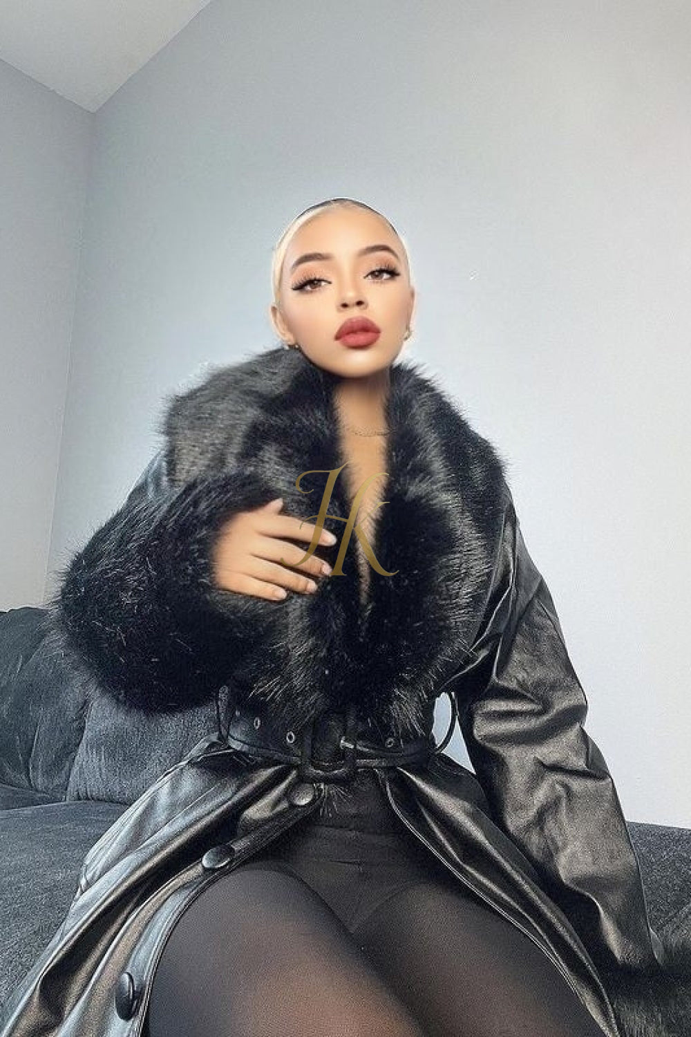 Women's Faux Leather Long Coat Jacket with Faux Fur Collar - Luxurious Elegance for Every Occasion - kayibstrore