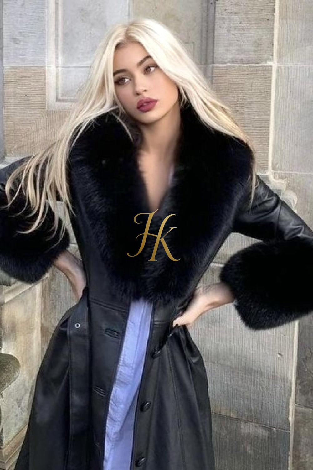 Women's Faux Leather Long Coat Jacket with Faux Fur Collar - Luxurious Elegance for Every Occasion - kayibstrore