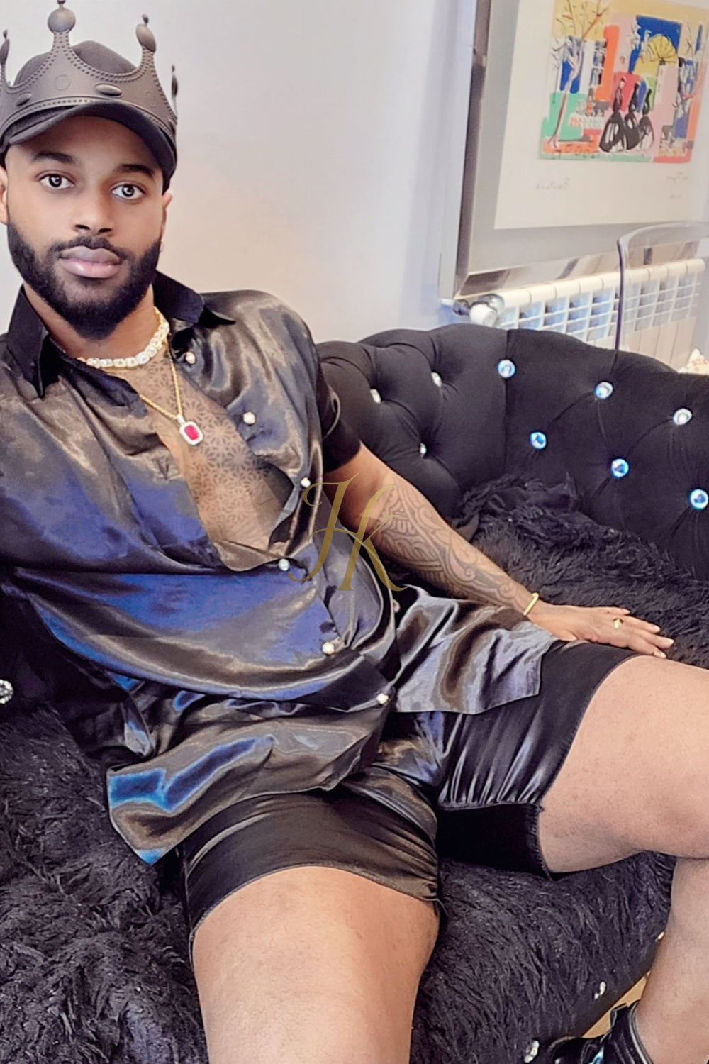 Two Piece Mens Silk/Satin Shirt Shorts/Short Pants Set