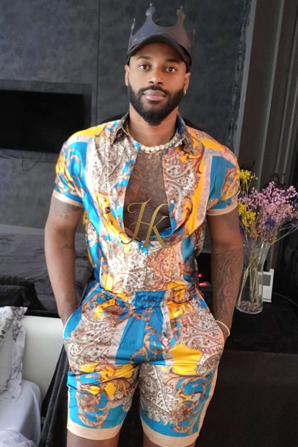 Mens Silk/Satin Shirt Shorts/Short Pants Set