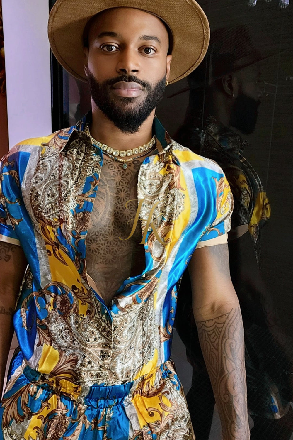 Mens Silk/Satin Shirt Shorts/Short Pants Set