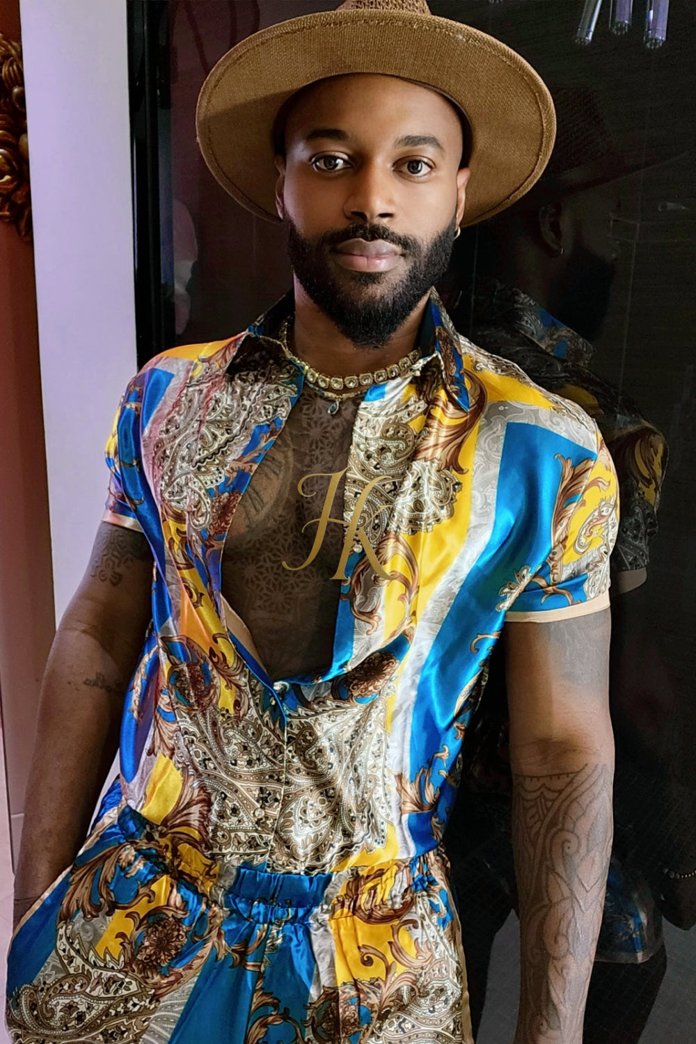 Mens Silk/Satin Shirt Shorts/Short Pants Set