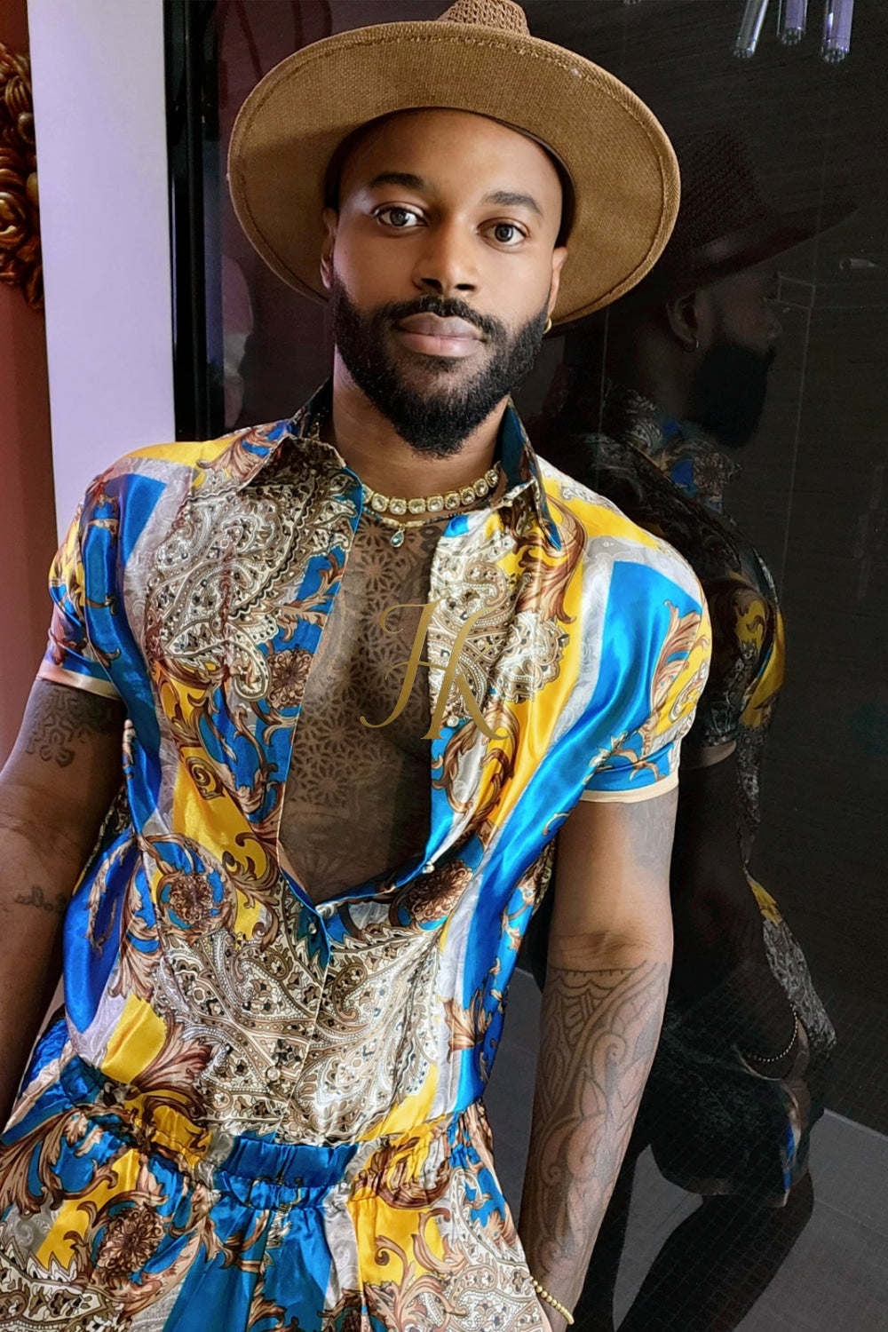 Mens Silk/Satin Shirt Shorts/Short Pants Set