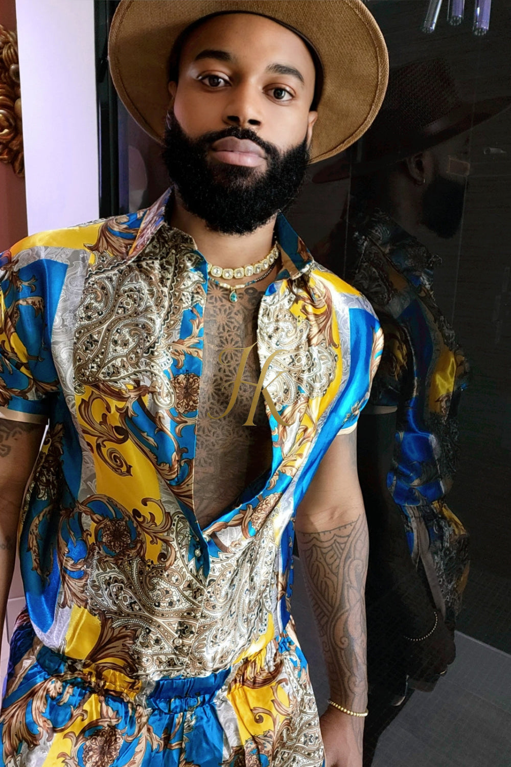 Mens Silk/Satin Shirt Shorts/Short Pants Set
