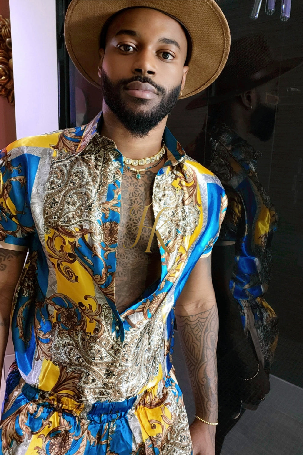 Mens Silk/Satin Shirt Shorts/Short Pants Set