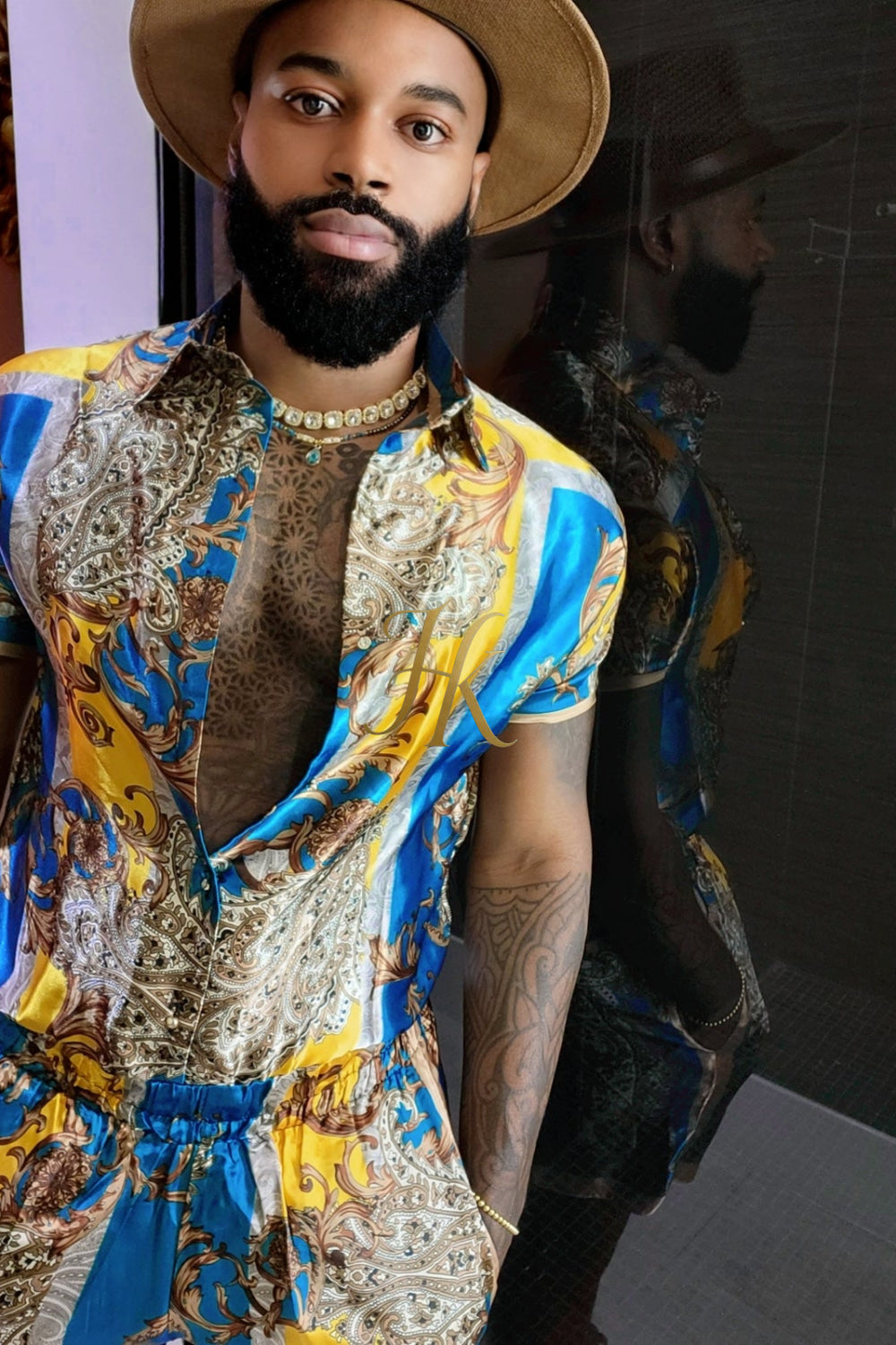 Mens Silk/Satin Shirt Shorts/Short Pants Set