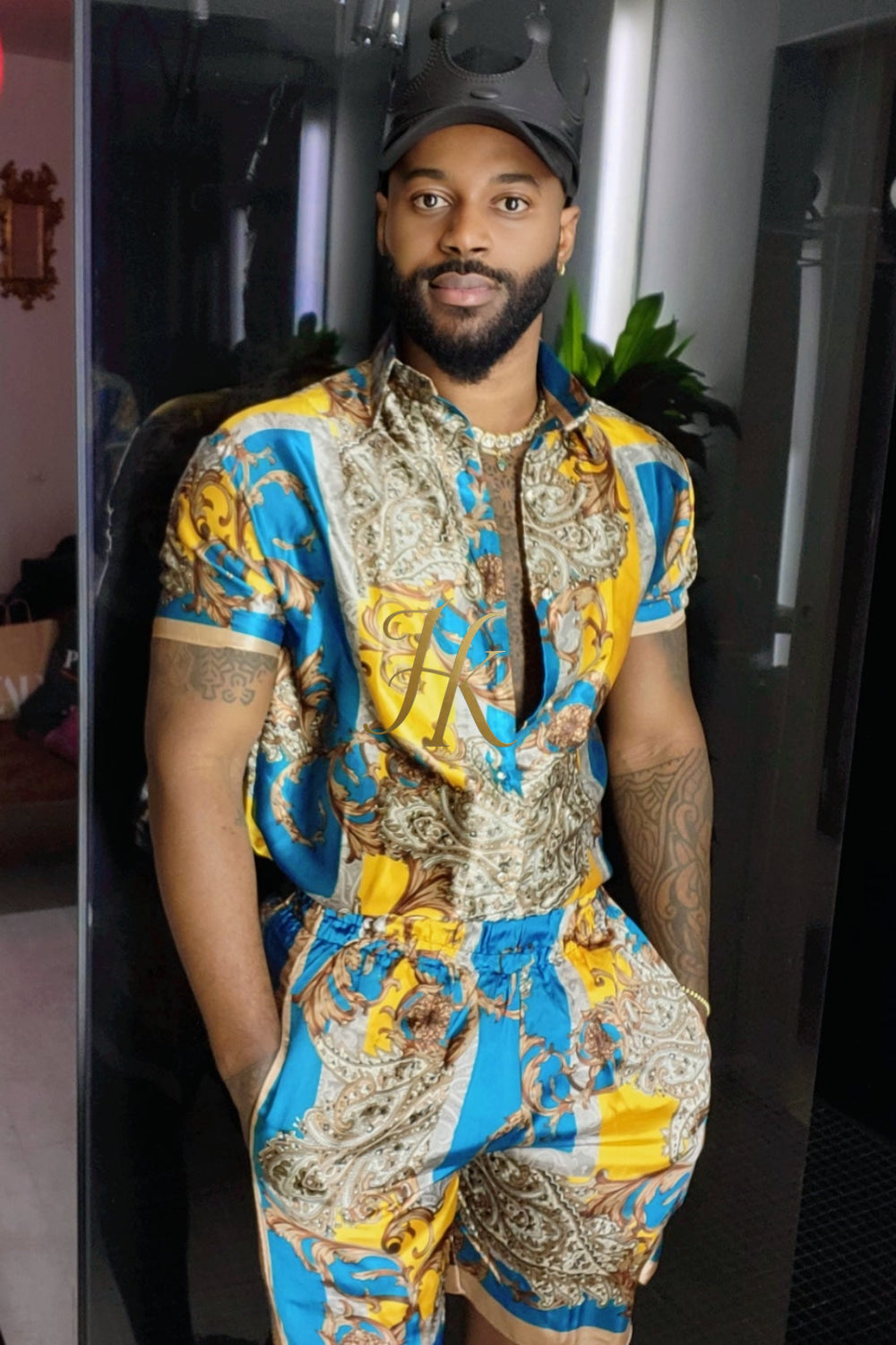 Mens Silk/Satin Shirt Shorts/Short Pants Set