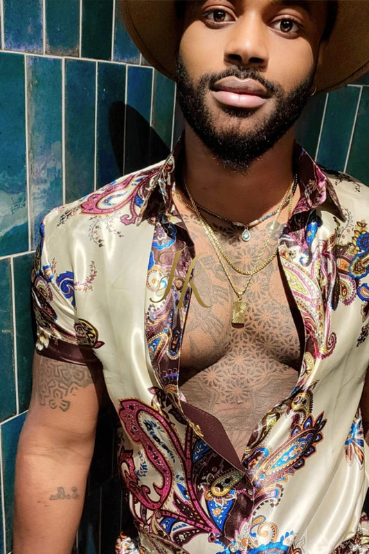 Mens Barocco Print Silk Camp Set