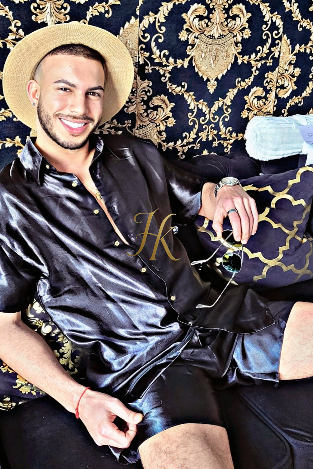 Mens Silk/Satin Shirt Shorts/Short Pants Set