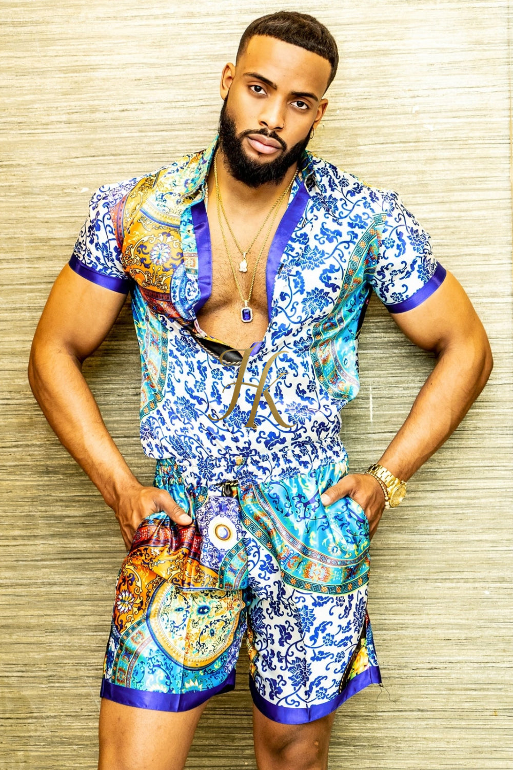 Fashion Mens Barocco Print Silk Camp Set