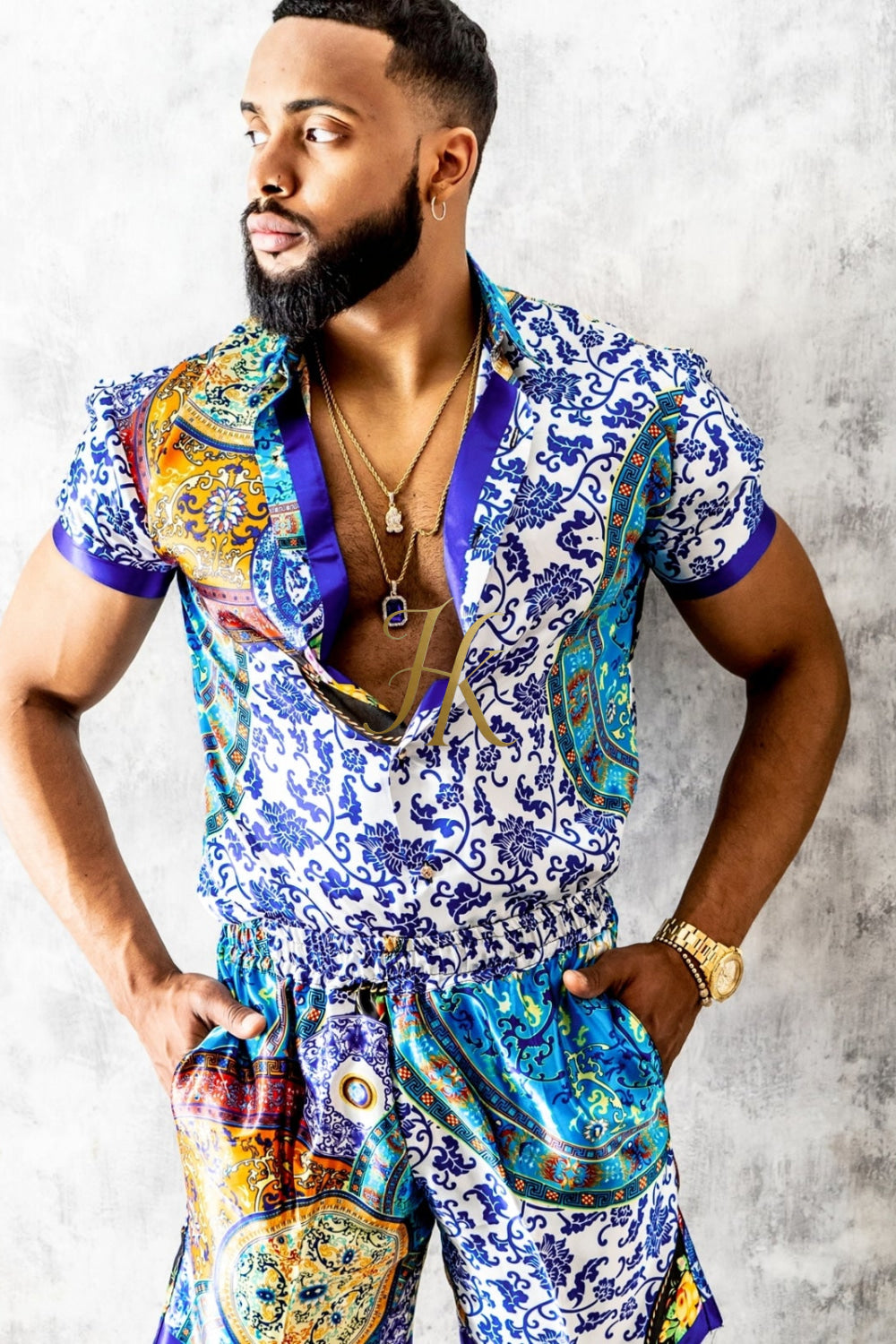 Fashion Mens Barocco Print Silk Camp Set