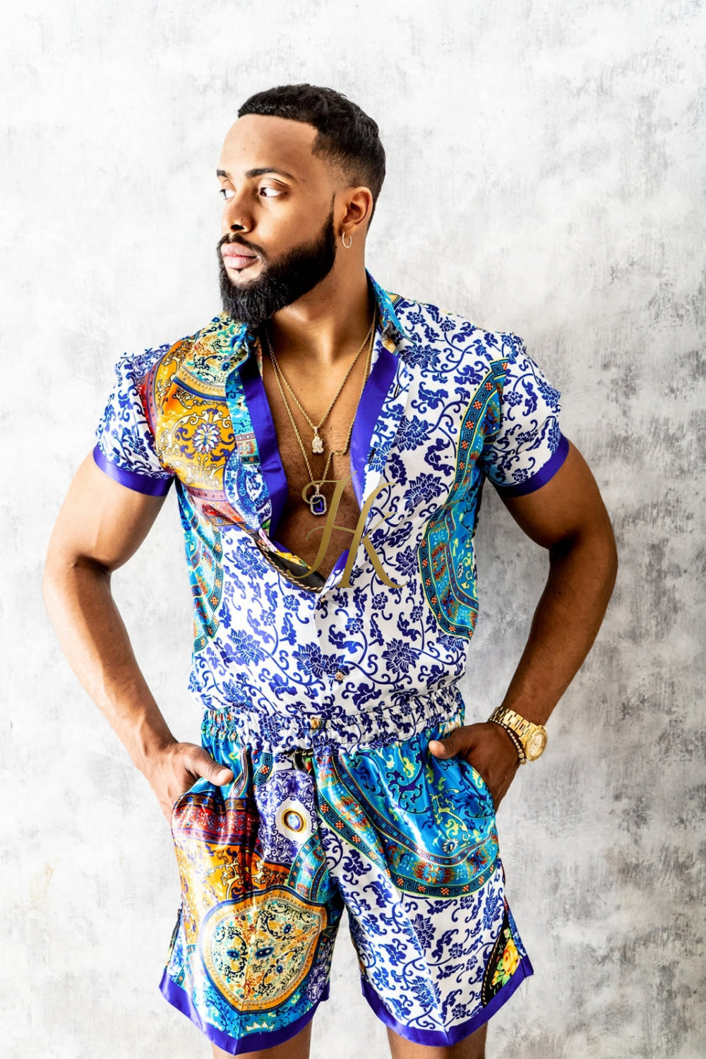 Fashion Mens Barocco Print Silk Camp Set