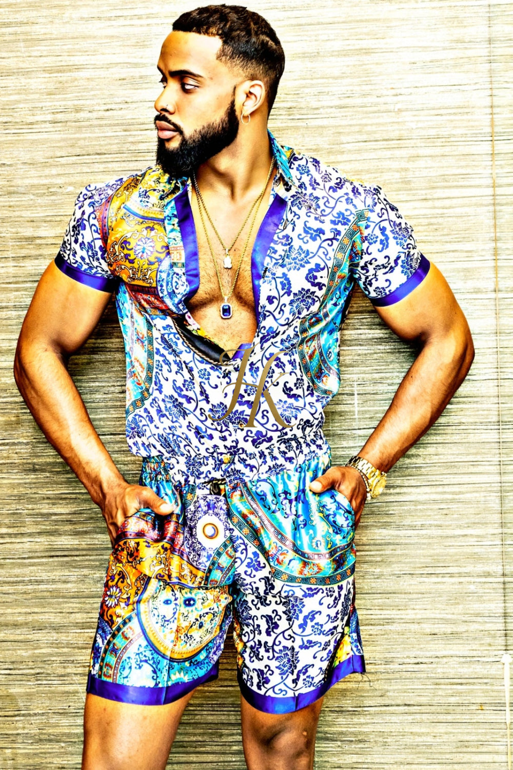 Fashion Mens Barocco Print Silk Camp Set