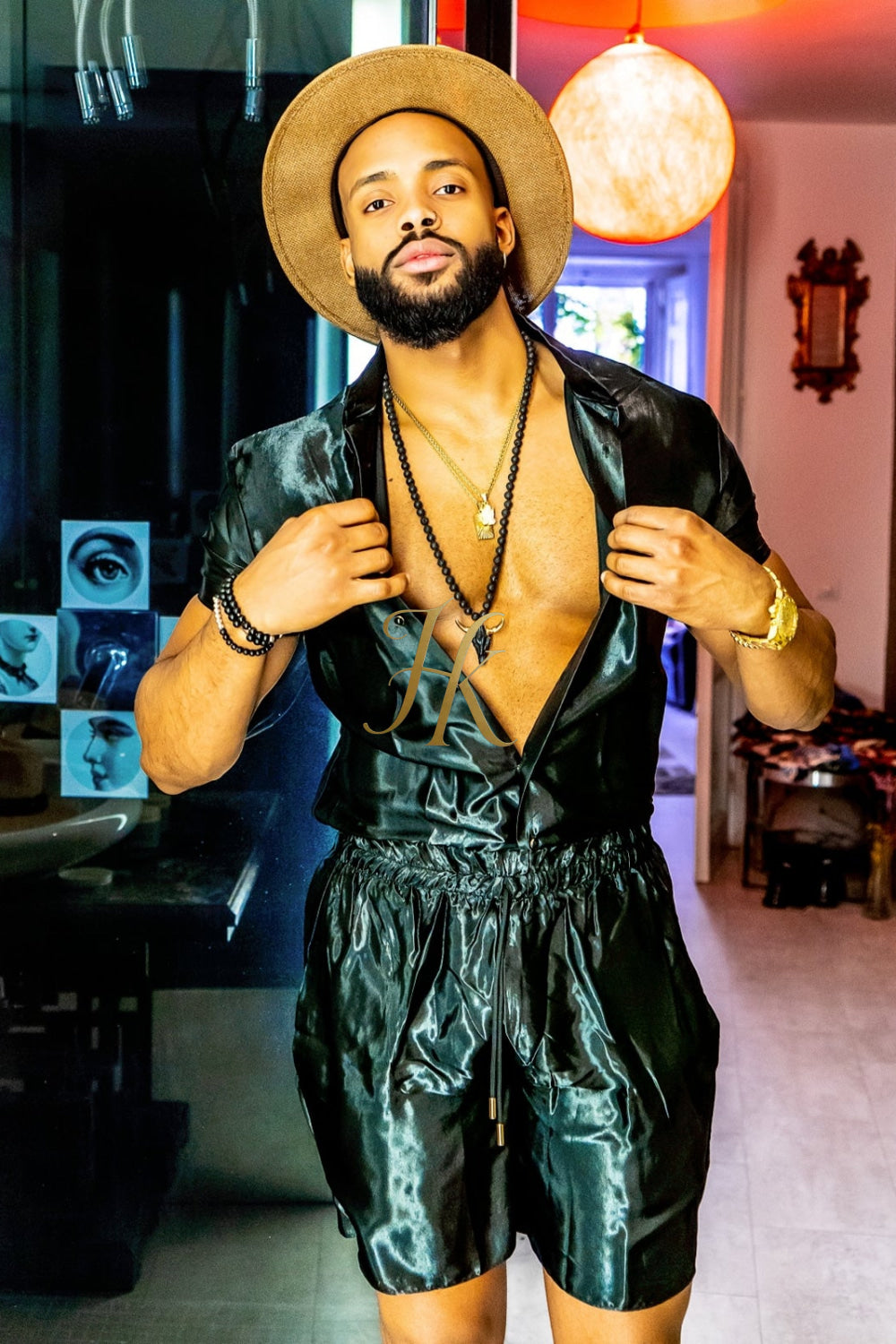 Black Mens Satin Silk Set 2Pcs