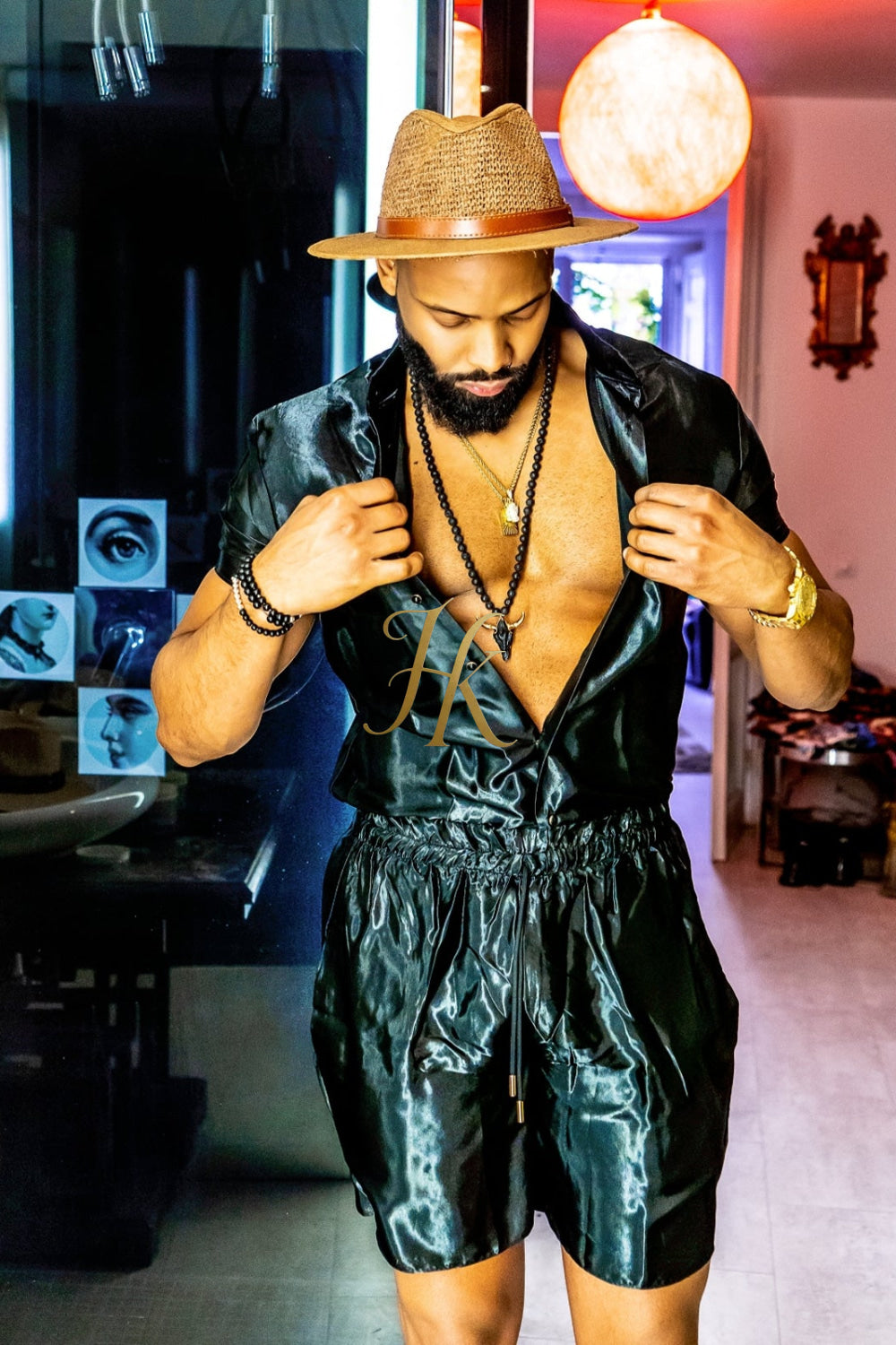 Black Mens Satin Silk Set 2Pcs
