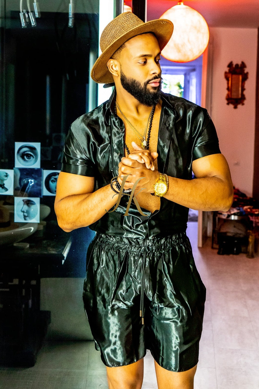 Black Mens Satin Silk Set 2Pcs