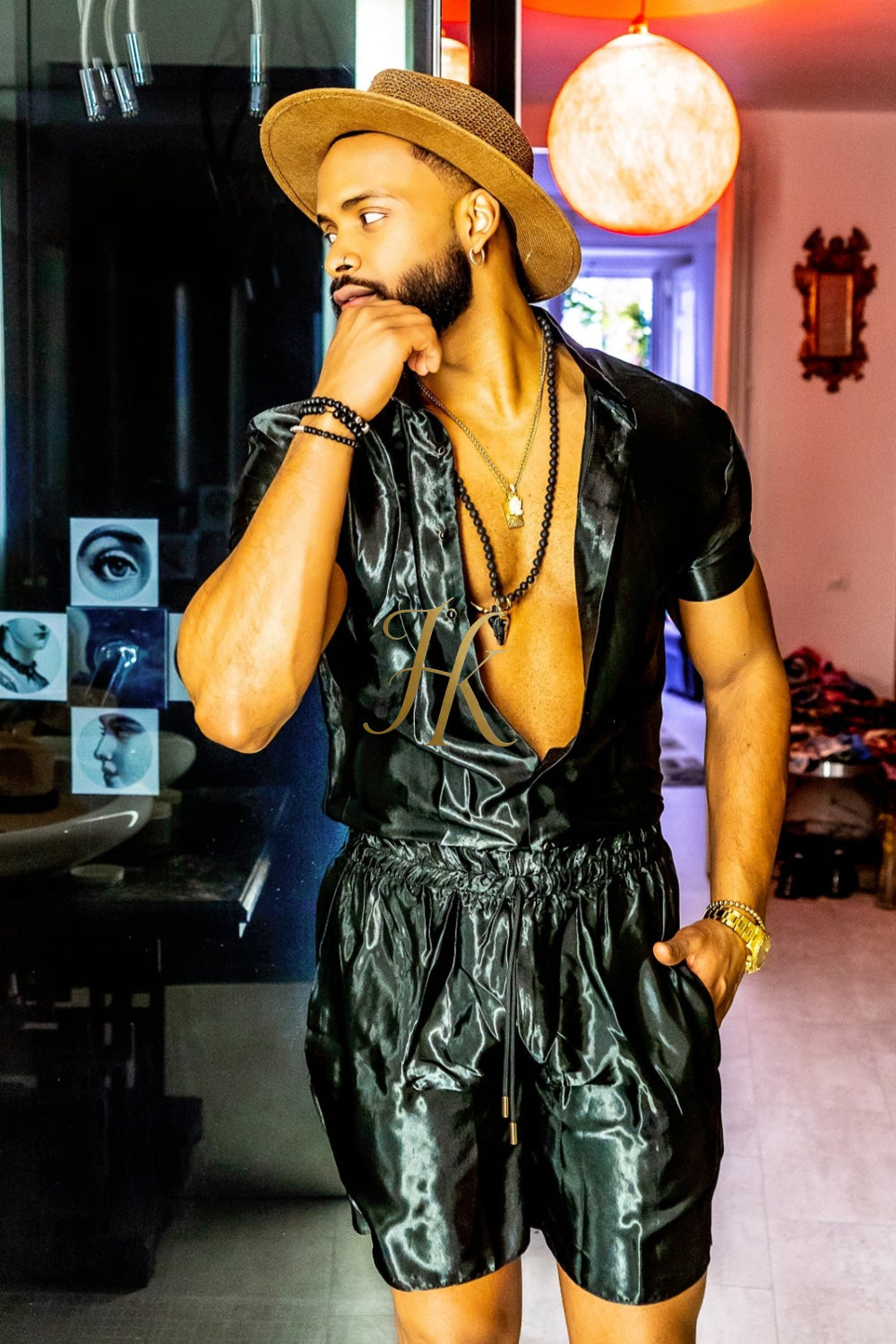 Black Mens Satin Silk Set 2Pcs