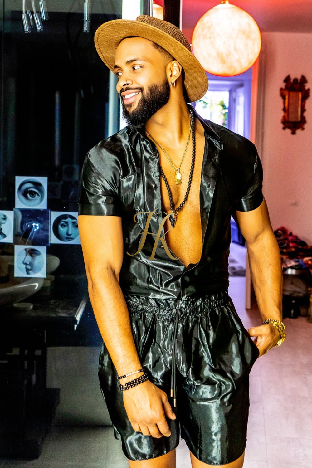 Black Mens Satin Silk Set 2Pcs