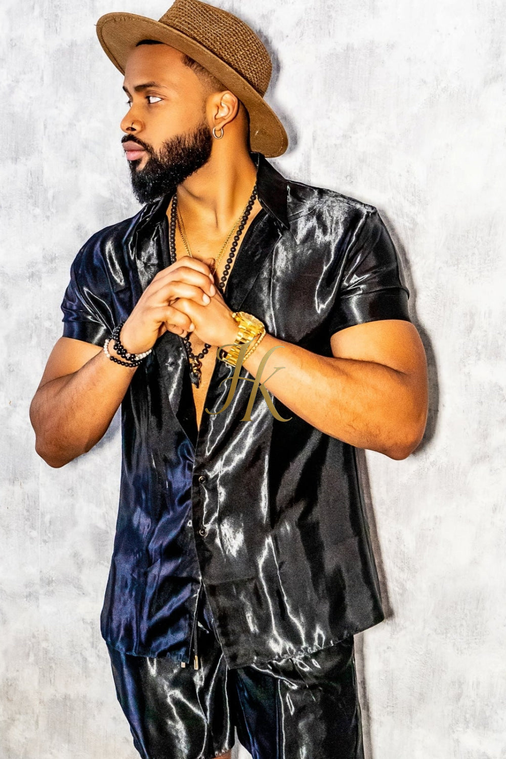 Black Mens Satin Silk Set 2Pcs