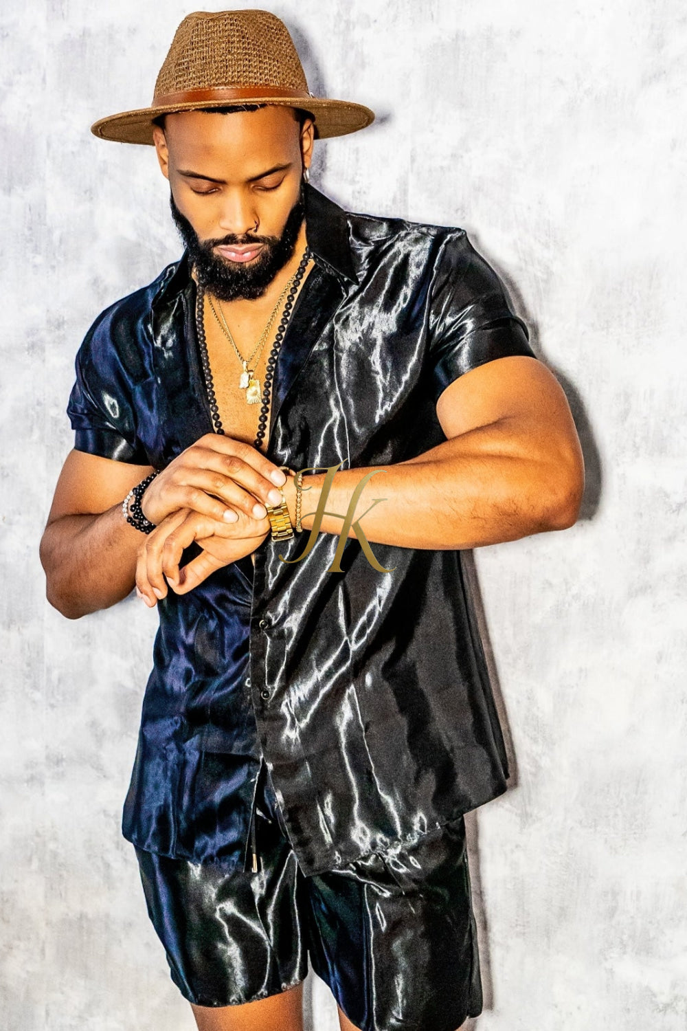 Black Mens Satin Silk Set 2Pcs