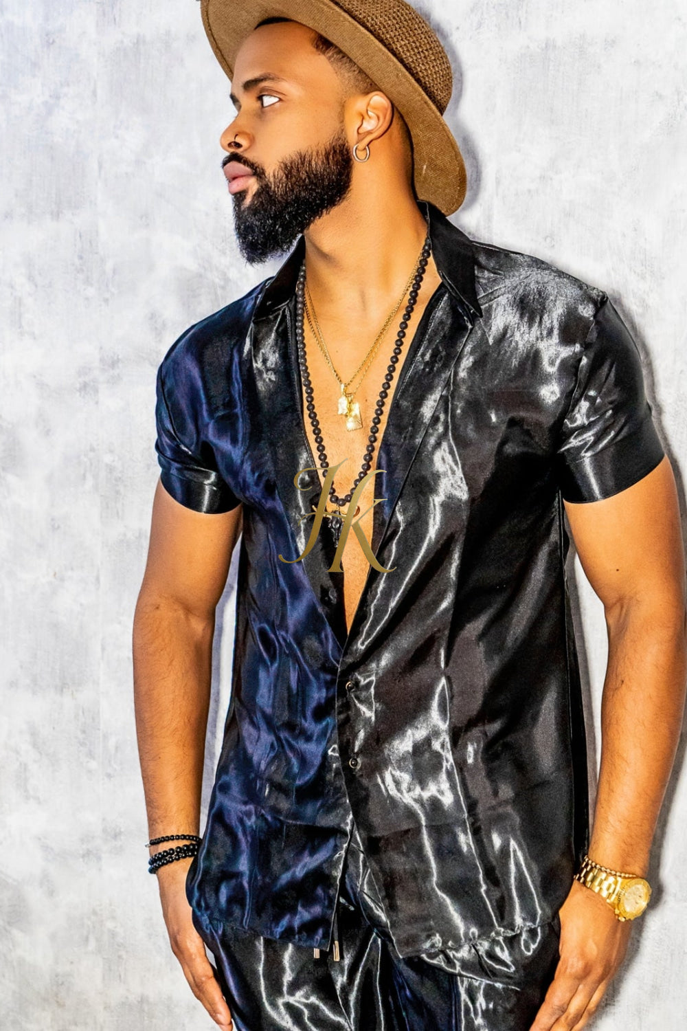 Black Mens Satin Silk Set 2Pcs