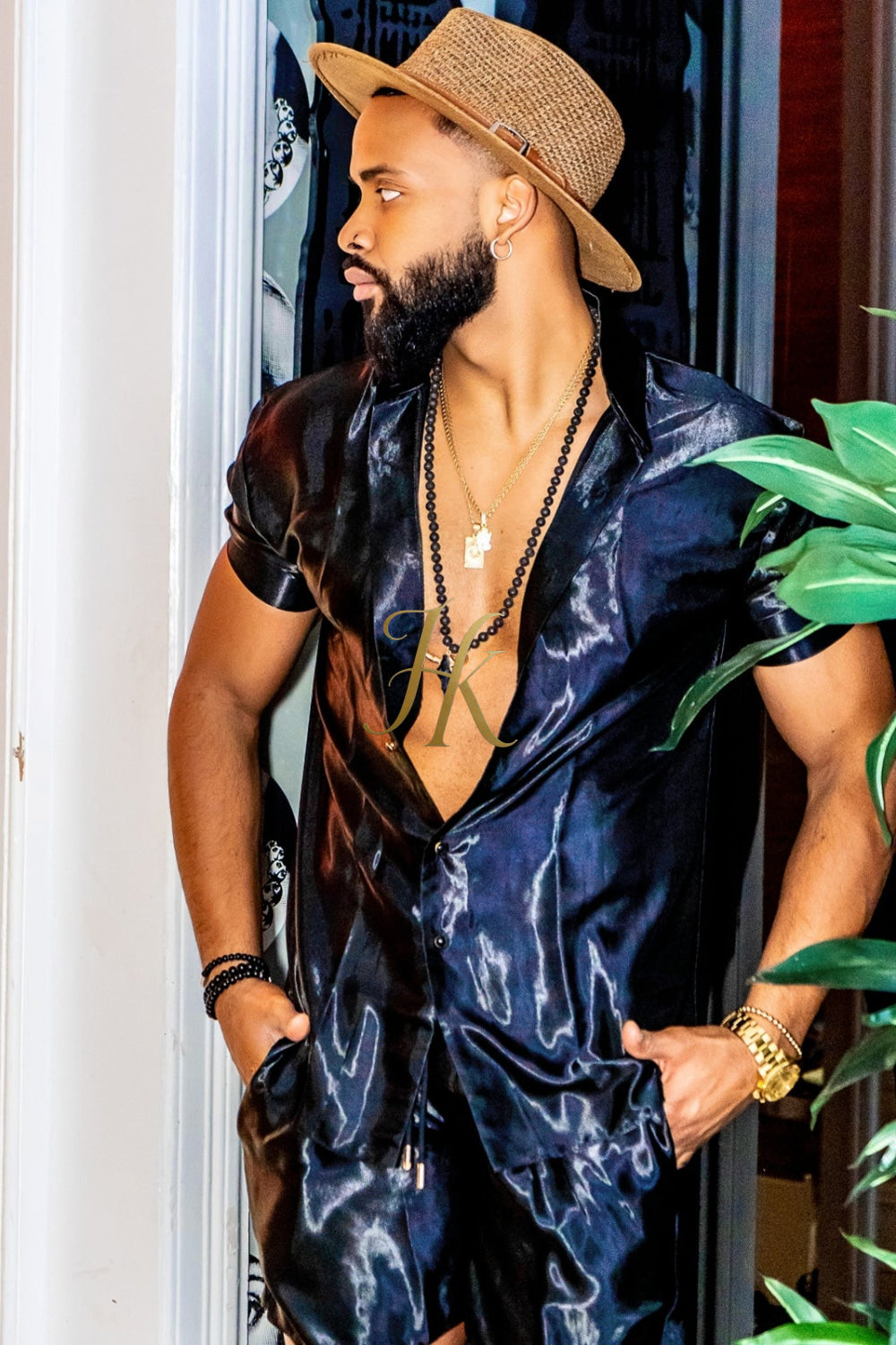 Black Mens Satin Silk Set 2Pcs