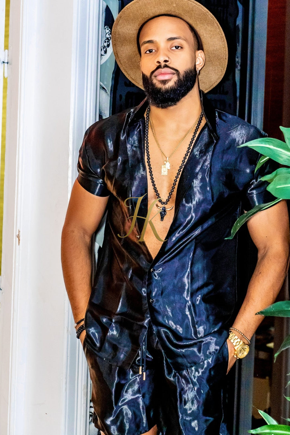 Black Mens Satin Silk Set 2Pcs