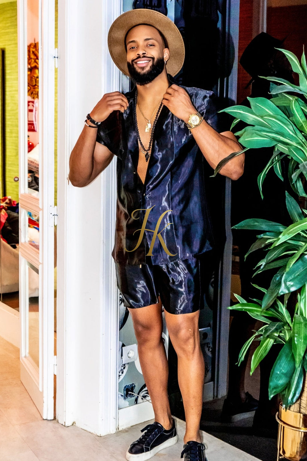 Black Mens Satin Silk Set 2Pcs