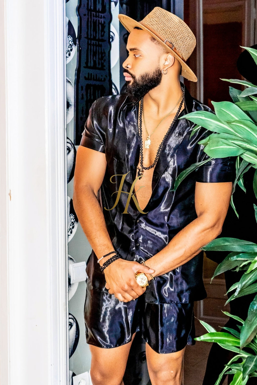 Black Mens Satin Silk Set 2Pcs