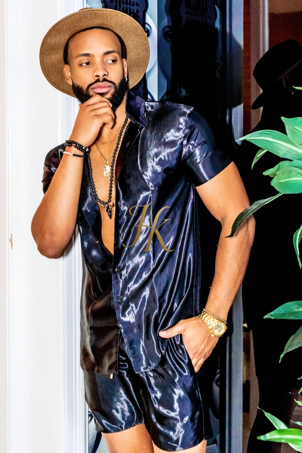 Black Mens Satin Silk Set 2Pcs