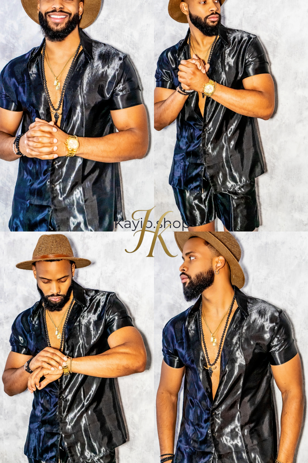 Black Mens Satin Silk Set 2Pcs