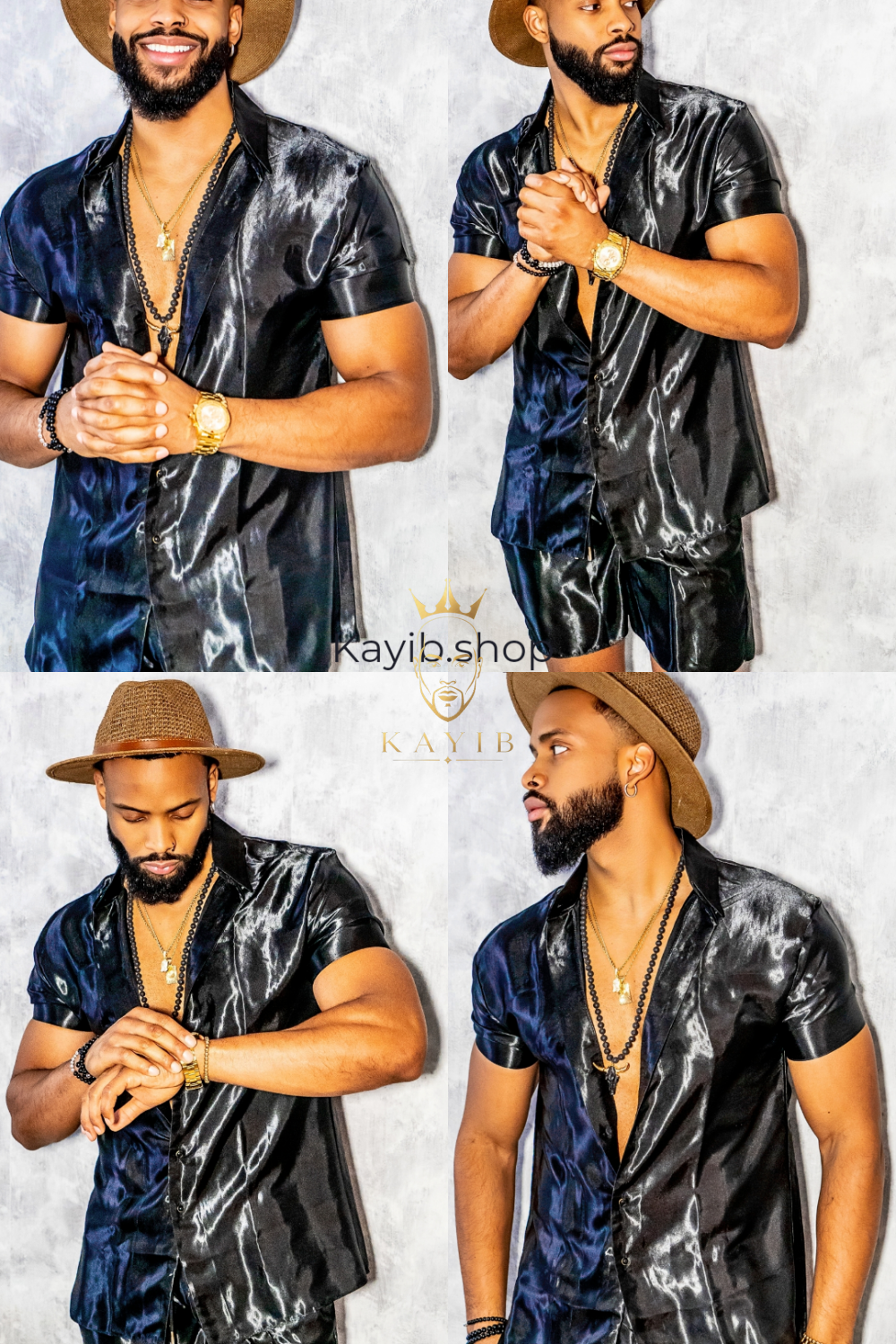 Black Mens Satin Silk Set 2Pcs