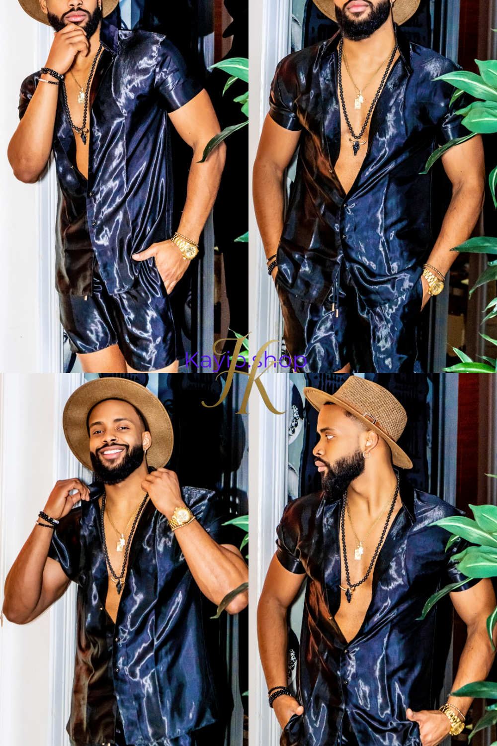 Black Mens Satin Silk Set 2Pcs