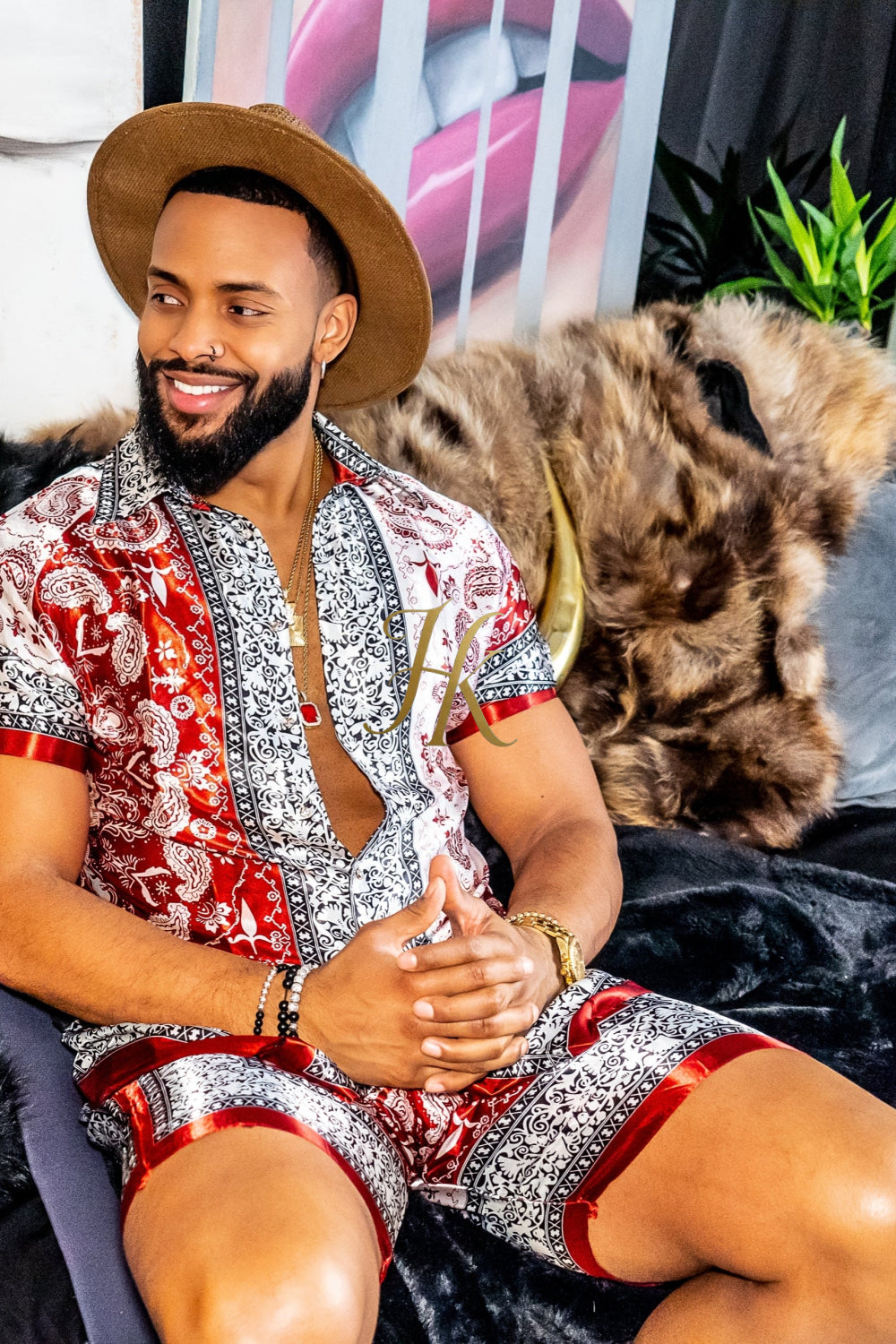 Red Mens Luxury Silk Dress Set Outfits